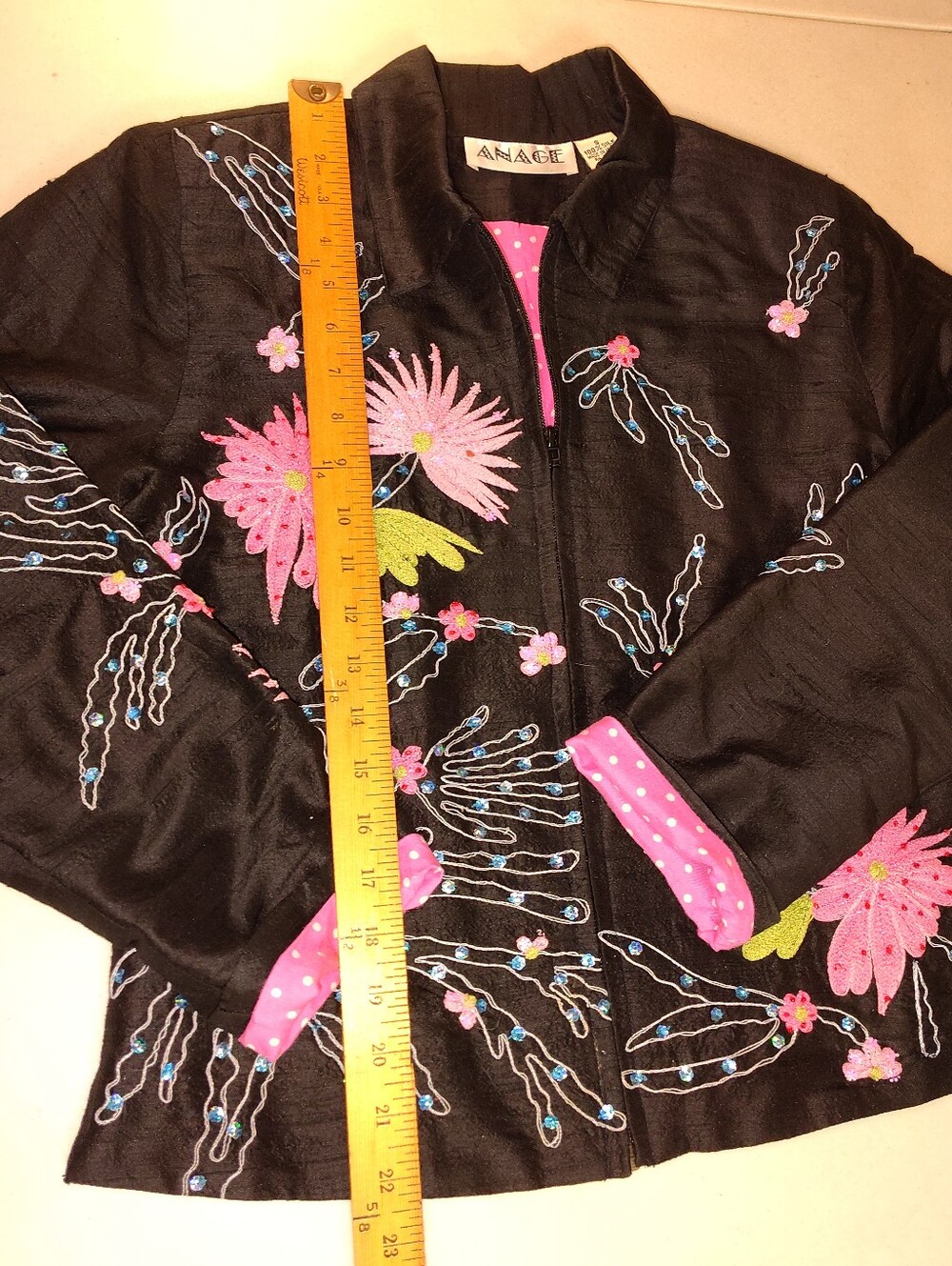 ANAGE 100% Silk Embroidered Floral Zip Jacket - Small - Black/Pink Boho Luxe - Picture 6 of 13